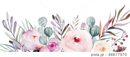 Watercolor pastel roses and peonies flowers and green leaves border illustration 88677970