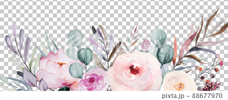 Watercolor pastel roses and peonies flowers and green leaves border illustration 88677970