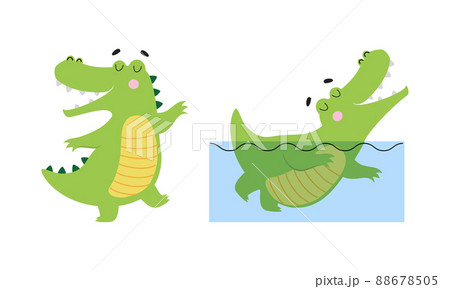 Cute friendly green crocodiles set. Lovely baby alligators in different activities cartoon vector illustration 88678505