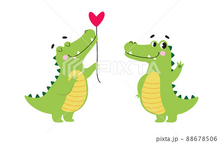 Cute friendly green crocodiles set. Lovely baby alligators cartoon vector illustration 88678506