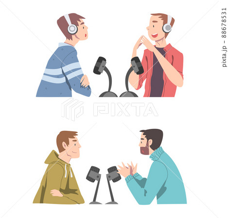 People in headphones talking in studio with microphones, podcast concept. Radio host interviewing guest cartoon vector illustration People in headphones talking in studio with microphones, podcast concept. Radio host interviewing guest cartoon vector illustration 88678531