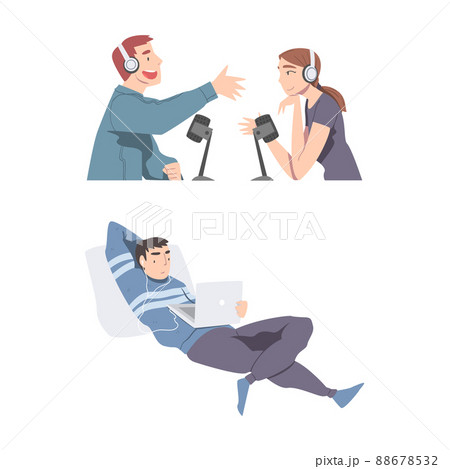 People in headphones talking in studio with microphones. Radio host interviewing guest cartoon vector illustration People in headphones talking in studio with microphones. Radio host interviewing guest cartoon vector illustration 88678532