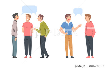 Communicating people. Male friends or colleagues chatting and talking with dialogue speech bubbles cartoon vector illustration 88678583
