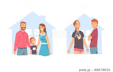 Set of happy families inside the house. People dreaming about new dwelling, stay at home concept cartoon vector illustration Set of happy families inside the house. People dreaming about new dwelling, stay at home concept cartoon vector illustration 88678650