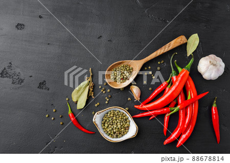 Flat lay composition with chili peppers and spices 88678814