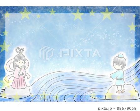 七夕　ミニキャラ織姫と彦星の再会　空白スペース　 88679058