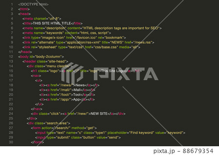 ホームページのHTMLソースコード、コーディング黒画面のベクターイラスト素材 88679354