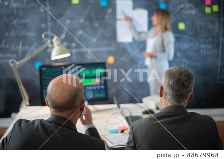 Back view of company experts working in office Back view of company experts working in office 88679968