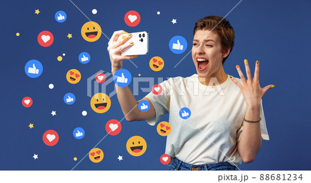 Young pretty woman using mobile phone for checking social media 88681234