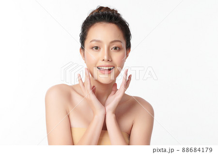 Beautiful young asian woman with clean fresh skin on white background, Face care, Facial treatment, 88684179