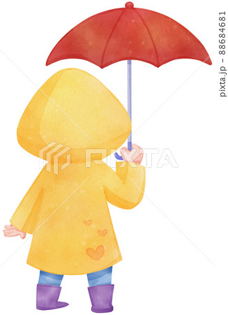 Happy rainy kids. Water season characters playing in wet watercolor 88684681