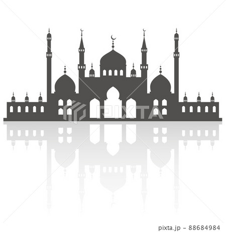 Mosque with minarets on skyline. Islamic architecture silhouette. Istanbul cityscape with reflection isolated on white background. 88684984