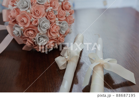 Bridal bouquet, ceremony candles. Bride's accessories. Wedding 88687195
