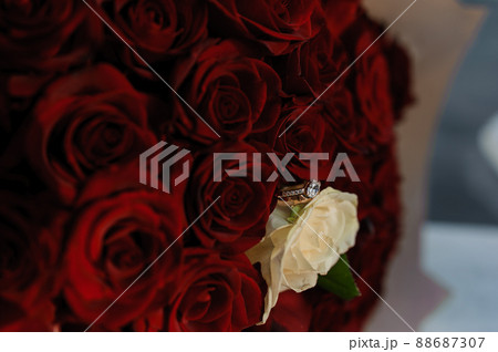 Bouquet of red roses, women's gold ring with a stone. Bouquet of red flowers. An offer of marriage Bouquet of red roses, women's gold ring with a stone. Bouquet of red flowers. An offer of marriage 88687307