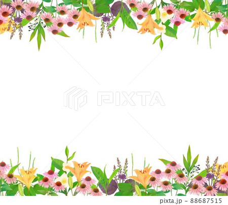 ポップで優しい色使いの北欧風ハーブとフルーツのオシャレな植物の白バックベクターフレームイラスト素材 ポップで優しい色使いの北欧風ハーブとフルーツのオシャレな植物の白バックベクターフレームイラスト素材 88687515