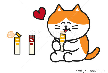 ペースト状のおやつを嬉しそうに抱えて舐める猫　イラスト 88688507