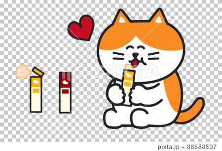 ペースト状のおやつを嬉しそうに抱えて舐める猫　イラスト 88688507