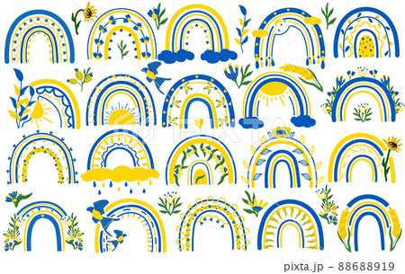 Collection rainbows with hearts, flowers, leaves, cloud, bird in yellow and blue colors. Scandinavian style. This clipart is suitable for printing posters, bags, postcards and other. Vector 88688919