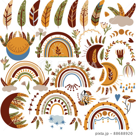 Boho elements, feather, cloud, mystical moon, rainbow, flowers. Collection mystic feathers. Modern illustration in pastel colors. Vector illustration 88688920