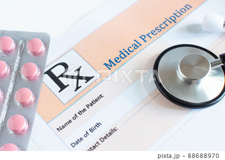 Medical prescription with doctor's sthetoscope and pills. Medical prescription with doctor's sthetoscope and pills. 88688970
