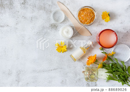 Herbal cosmetics with calendula flowers. Natural organic moisturizer cleansing product. 88689026