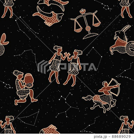 Seamless pattern with zodiac signs. Vector illustration. Starry sky. Zodiac constellations. Seamless pattern with zodiac signs. Vector illustration. Starry sky. Zodiac constellations. 88689029