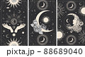The face of moon, magic hands, planets and flowers. Tarot card, astrological illustration. 88689040