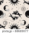 Sun, crescent, planets and flowers. The zodiac constellation Pisces. Seamless pattern. 88689077