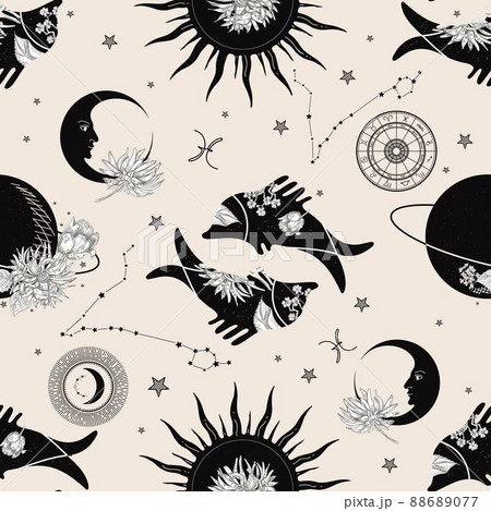 Sun, crescent, planets and flowers. The zodiac constellation Pisces. Seamless pattern. Sun, crescent, planets and flowers. The zodiac constellation Pisces. Seamless pattern. 88689077
