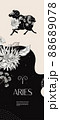 Zodiac sign Aries. Black silhouette with white flowers. Vertical background with zodiac constellations. 88689078