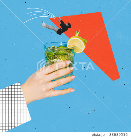 Contemporary art collage. Young woman falling down into mojito cocktail isolated over blue background. Concept of taste, alcoholic drinks 88689556
