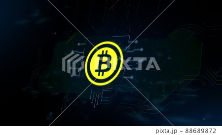 Bitcoin symbol on the processor. Bitcoin cryptocurrency decentralized symbol mining on circuit board animation 3D. Bitcoin and blockchain. 88689872