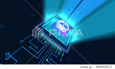 Concept 3d rendering animation motherboard CPU processor microchip starting neon data information processing. NFT crypto art sign, non fungible token. Concept 3d rendering animation motherboard CPU processor microchip starting neon data information processing. NFT crypto art sign, non fungible token. 88689923