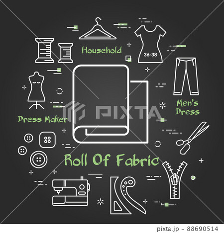 Black banner with contour sewing icons, fabrics and accessories for seamstress, vector illustration. 88690514