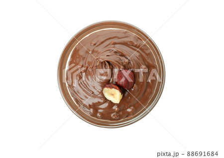 Bowl with chocolate paste and nuts isolated on white background Bowl with chocolate paste and nuts isolated on white background 88691684