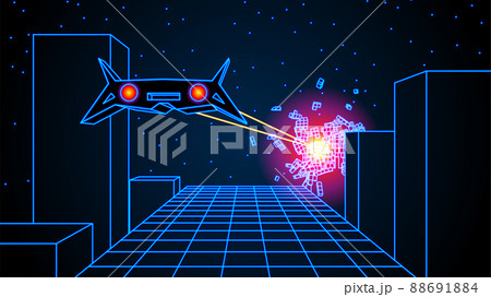 Arcade space ship flying over the road with 3D buildings, 80s style synthwave or retrowave illustration. Battle in the 80s retro game scene. Arcade space ship flying over the road with 3D buildings, 80s style synthwave or retrowave illustration. Battle in the 80s retro game scene. 88691884