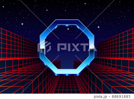 Synthwave frame with chrome polygon and 80s styled synthwave arcade game landscape. Synthwave frame with chrome polygon and 80s styled synthwave arcade game landscape. 88691885