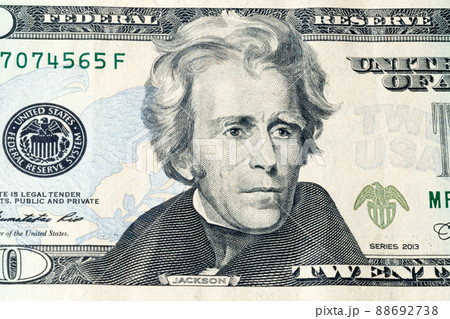 Portrait of U.S. president Andrew Jackson on United States twenty-dollar bill macro. 88692738