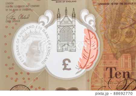 See-through window with Queen's portrait. Security on 10 Pound sterling (GBP) banknote. See-through window with Queen's portrait. Security on 10 Pound sterling (GBP) banknote. 88692770