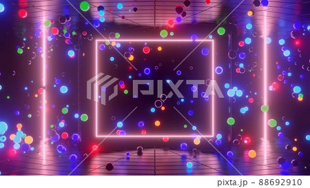 3d render. 3D abstract creative background with neon glow multi-colored spheres inside camera, reflecting walls. Luminous balls fly inside dark chamber. Creative simple geometric bg with neon glow 88692910