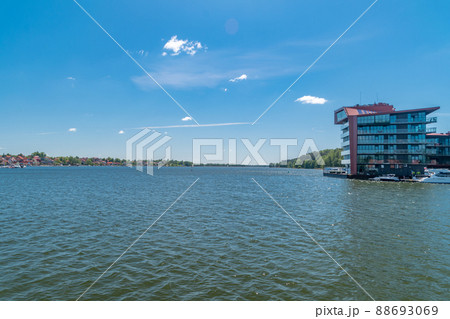 Beautiful view on Mikolajskie lake in Mikolajki, Poland. Beautiful view on Mikolajskie lake in Mikolajki, Poland. 88693069