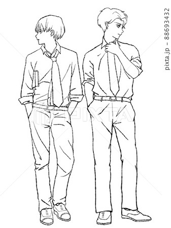 スーツを着て並んで立っている男性の マンガ風手描き水彩イラスト 同性パートナー等に 線画のみ のイラスト素材