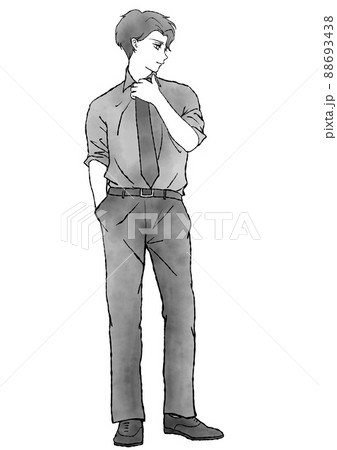 腕まくりをしてネクタイに手を掛ける笑顔の男性の マンガ風手描き水彩イラスト モノクロ のイラスト素材