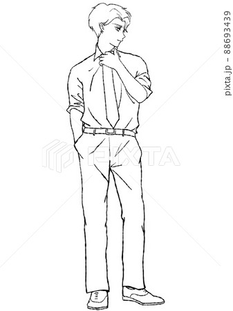 腕まくりをしてネクタイに手を掛ける笑顔の男性の マンガ風手描き水彩イラスト 線画 のイラスト素材