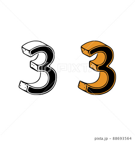 Isometric number 3 doodle vector illustration on white background. Number clip art. 88693564