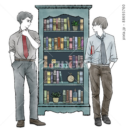 アンティークな本が並んだ本棚と二人の男性の クラシカルな色合いの手描き水彩イラストのイラスト素材 アンティークな本が並んだ本棚と二人の男性の クラシカルな色合いの手描き水彩イラストのイラスト素材
