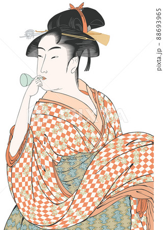 ポッピンを吹く女　ビードロを吹く娘　喜多川歌麿 88693965