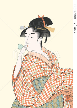 ポッピンを吹く女 ビードロを吹く娘 喜多川歌麿 のイラスト素材 