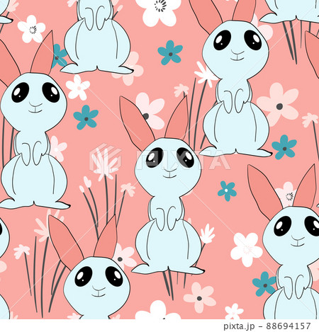 Seamless pattern with silhouette Easter rabbits on color background. Design for card, postcard, wallpaper, fabric, textile. Vector stock illustration. Cartoon style Seamless pattern with silhouette Easter rabbits on color background. Design for card, postcard, wallpaper, fabric, textile. Vector stock illustration. Cartoon style 88694157