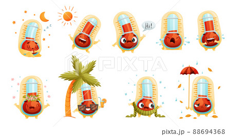 Cartoon Thermometer Character with Different Emotion Sleeping, Greeting and Crying Vector Set 88694368